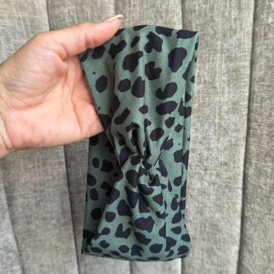 Dark Sage Cheetah Twist Headband, Stretchy Soft Headband