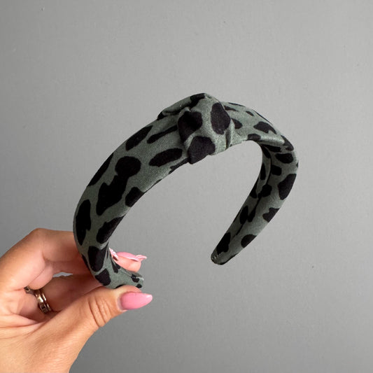 Olive Green Leopard Print Knotted Headband | Wide Padded Hairband | Women’s Animal Print Hair Accessory | Trendy Turban Style Headband