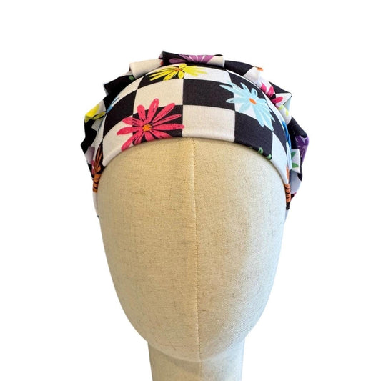 Checkered Floral Bouffant Scrub Cap | Colorful Flower Nurse Hat