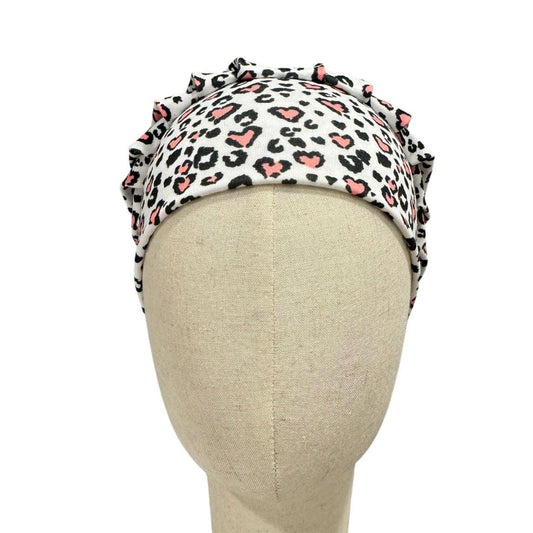 Leopard Pink Heart Bouffant Scrub Cap, Headband Style Surgical Hat