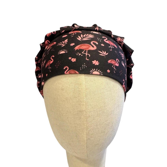 Flamingo on Black Bouffant Scrub Cap: Soft Stretchy Headband Style Surgical Hat