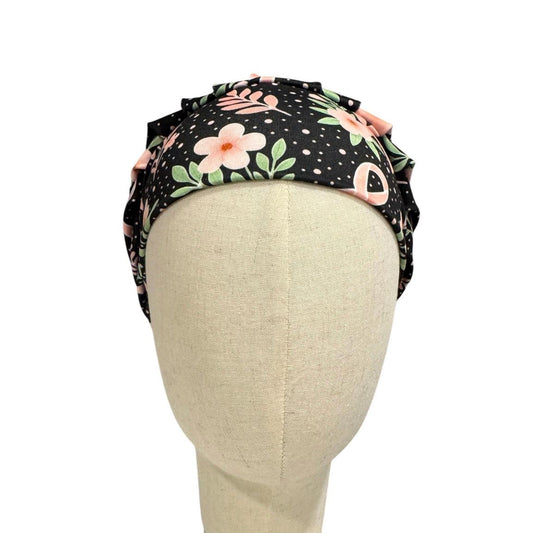 Pink Ribbon Floral Bouffant Scrub Cap, Breast Cancer Awareness Surgical Hat, Floral Nurse Scrub Cap