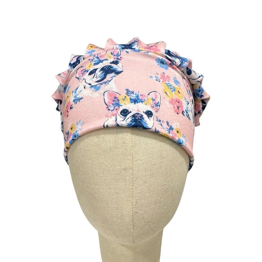 French Bulldog Bouffant Scrub Cap, Pink Floral Dog Surgical Hat, Cute Nurse Scrub Cap, Long Hair Scrub Hat