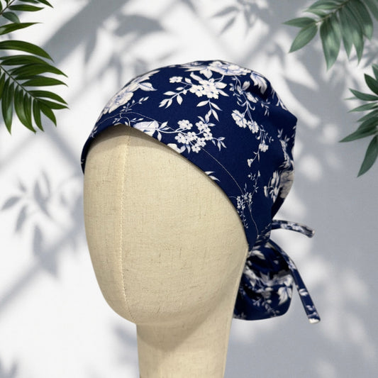 Blue Floral Ponytail Scrub Cap