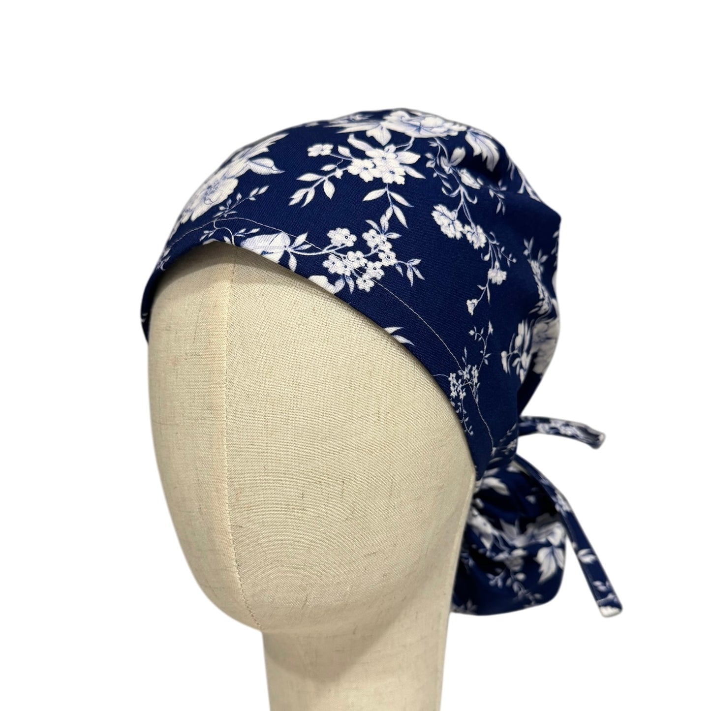 Blue Floral Ponytail Scrub Cap
