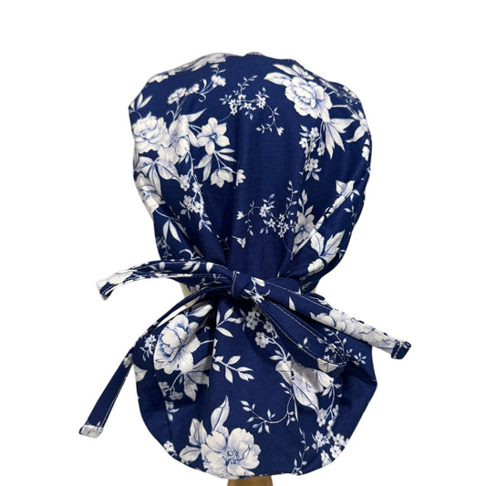 Blue Floral Ponytail Scrub Cap