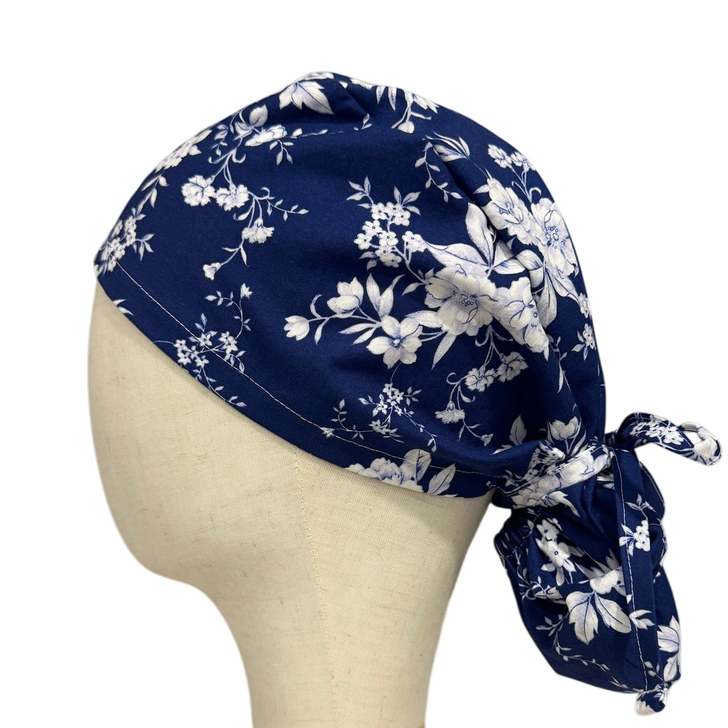 Blue Floral Ponytail Scrub Cap