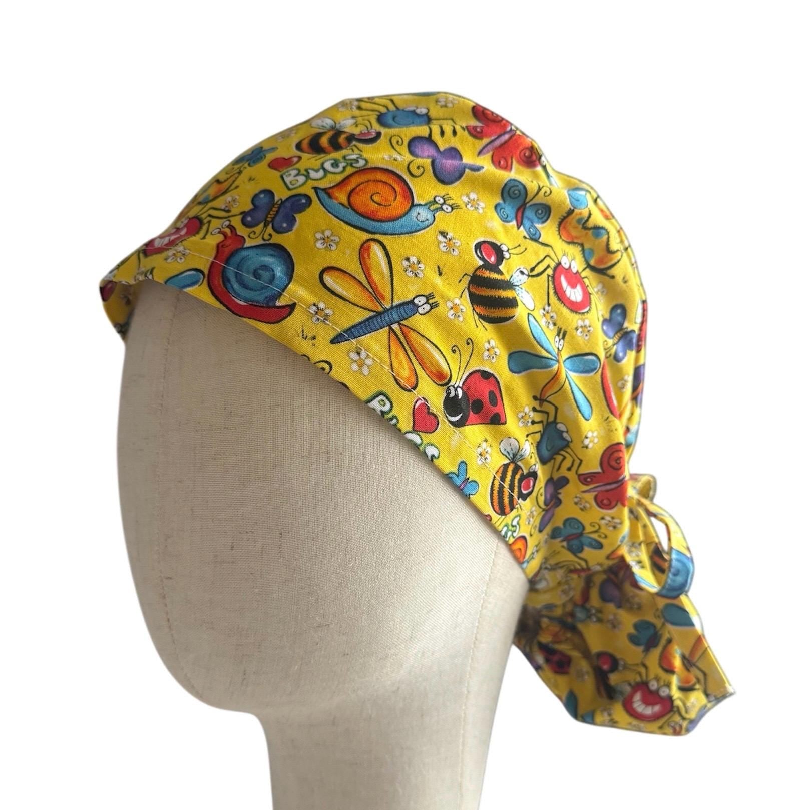Cute Bugs Ponytail Scrub Cap, Cotton Surgical Scrub Cap, OR Scrub Cap