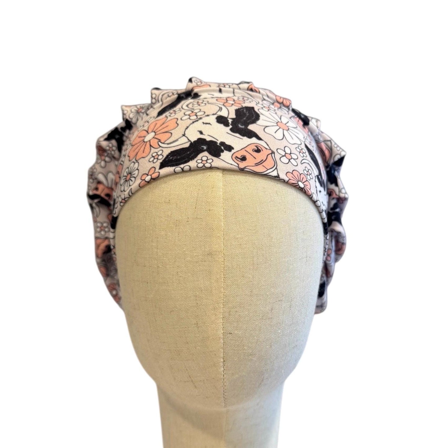 Floral Cow Scrub Cap Hat, Soft Stretchy Headband Style Scrub Cap