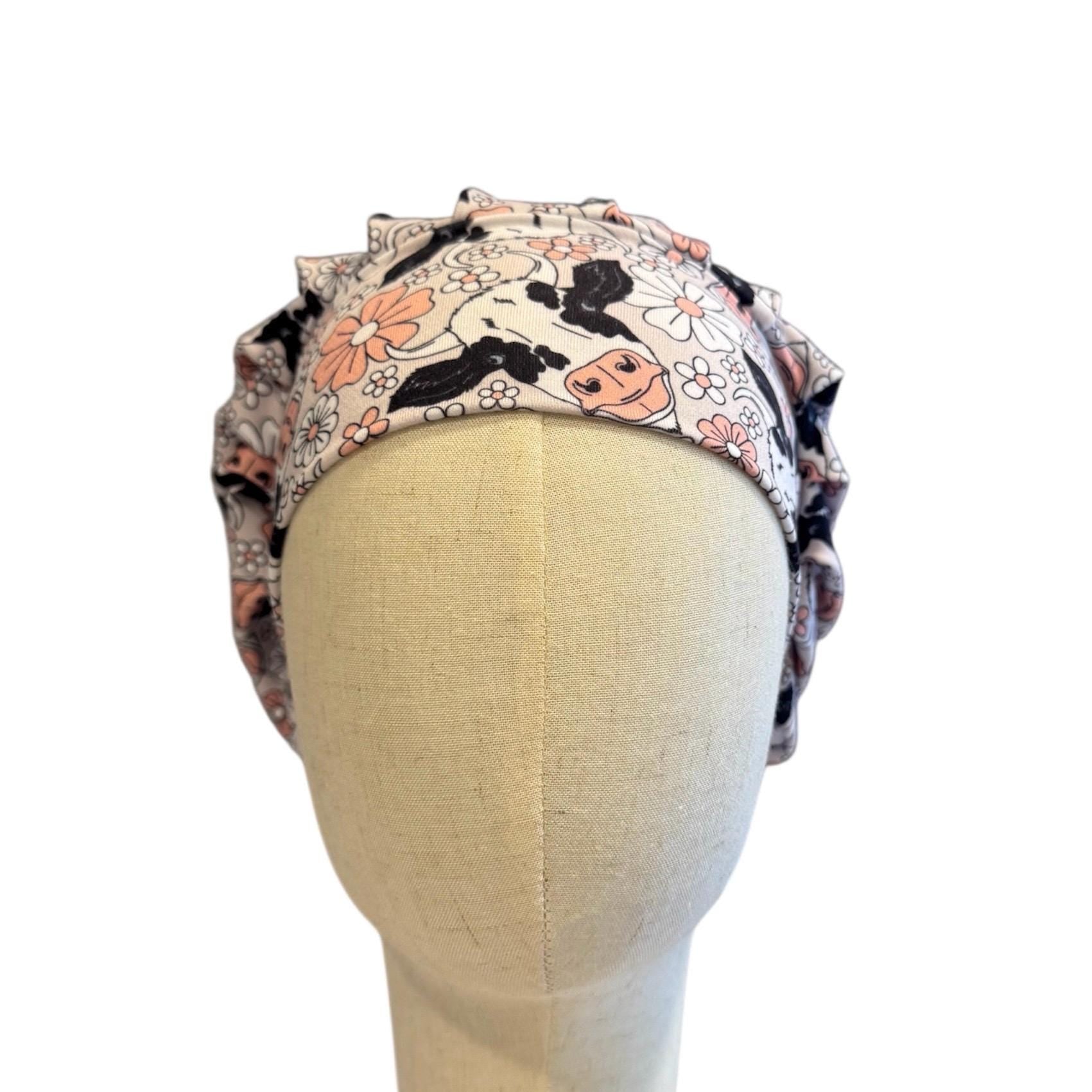 Floral Cow Scrub Cap Hat, Soft Stretchy Headband Style Scrub Cap