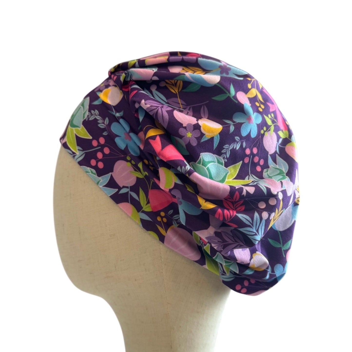 Purple Floral Scrub Cap Hat, Soft Stretchy Headband Style Euro Cap, OR Hat