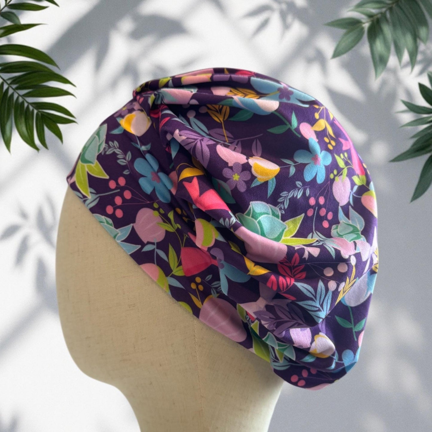 Purple Floral Scrub Cap Hat, Soft Stretchy Headband Style Euro Cap, OR Hat