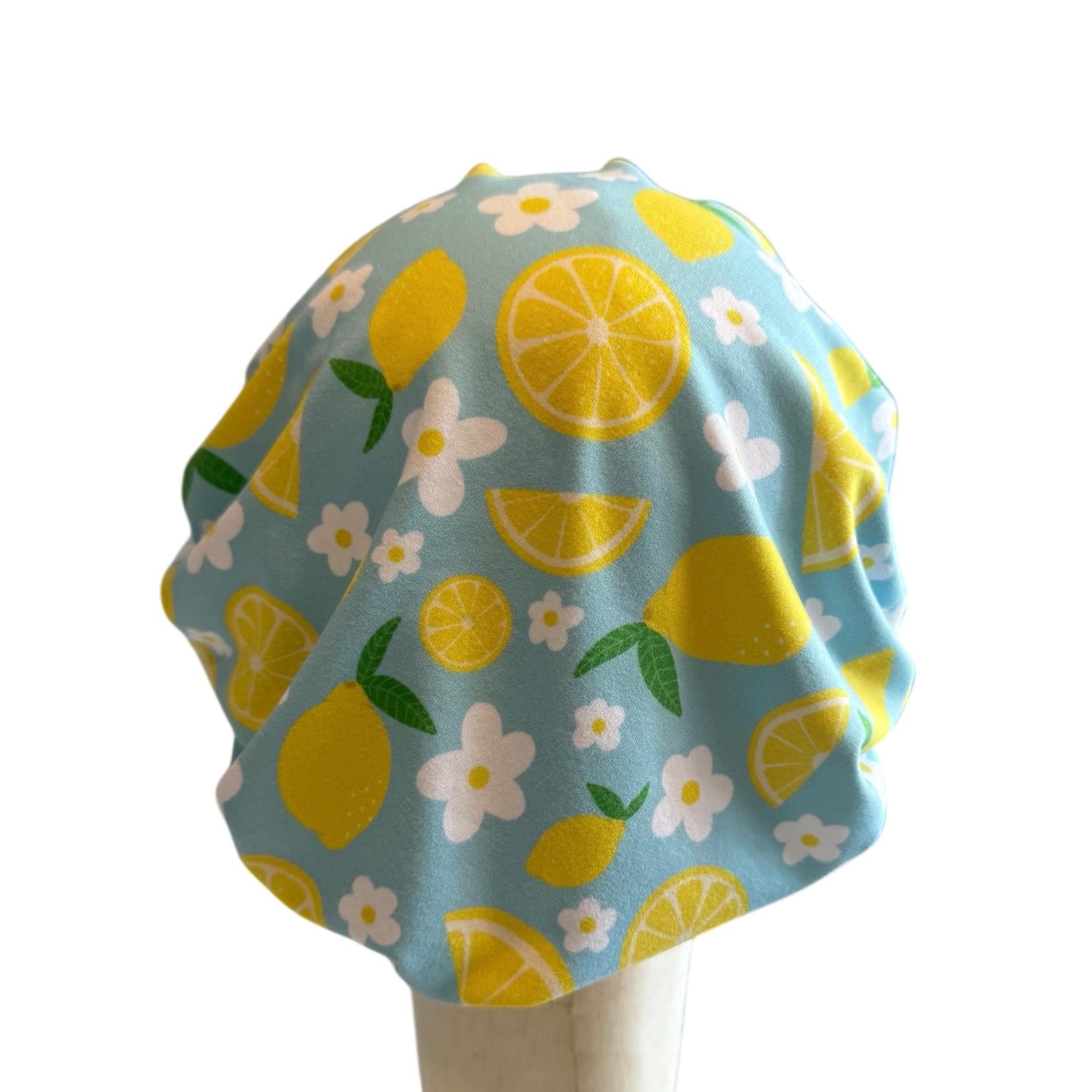 Lemon Floral Scrub Cap Hat, Soft Stretchy Headband Style Euro Cap, OR Hat