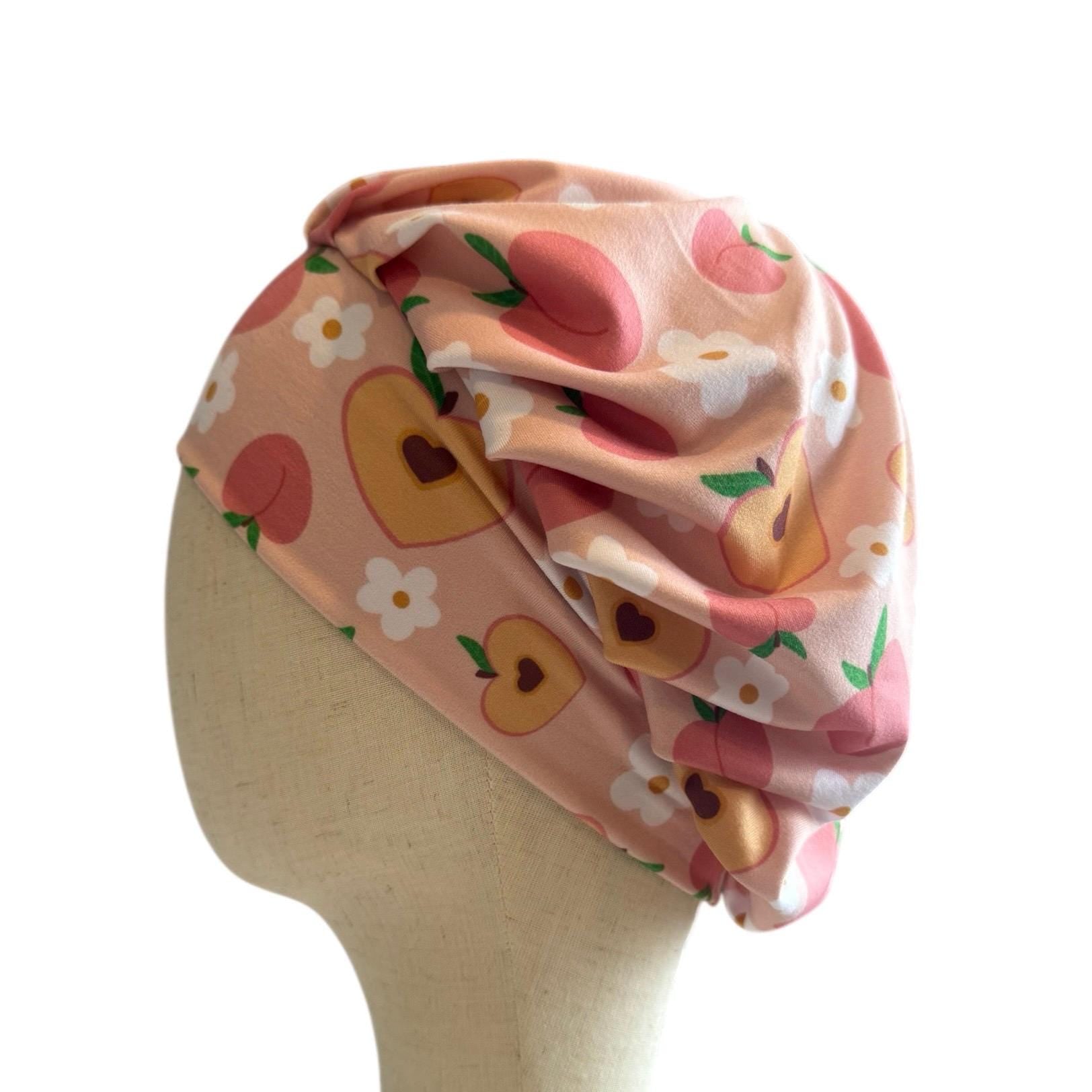 Peach Floral Scrub Cap Hat, Soft Stretchy Headband Style Euro Cap, OR Hat