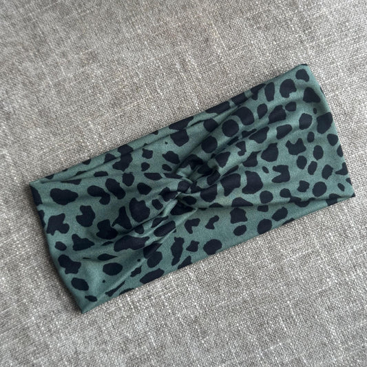 Dark Sage Cheetah Twist Headband, Stretchy Soft Headband