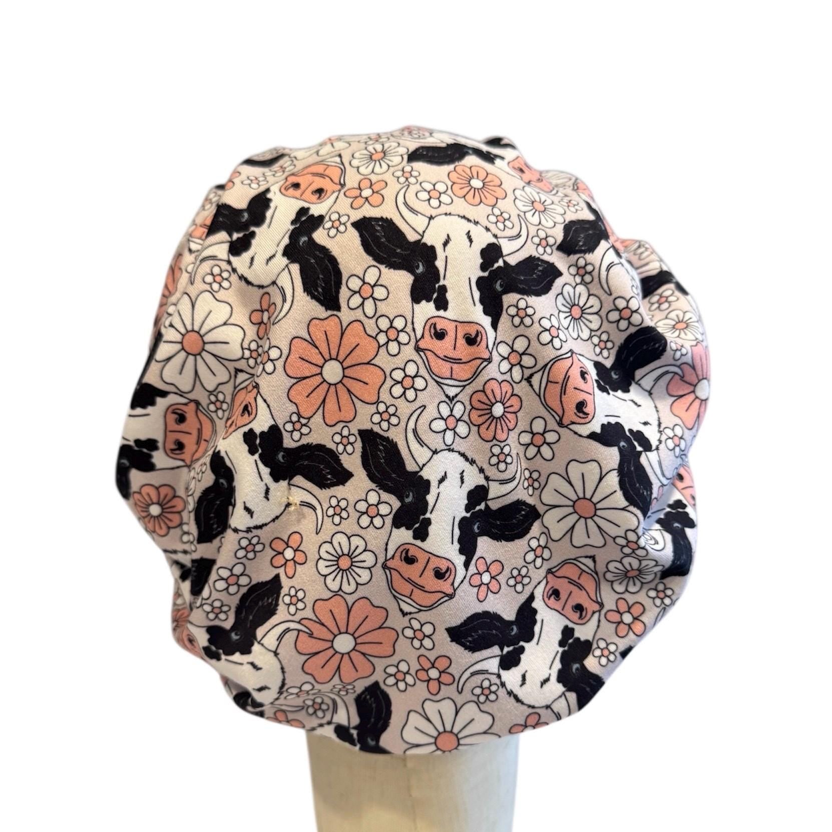 Floral Cow Scrub Cap Hat, Soft Stretchy Headband Style Scrub Cap