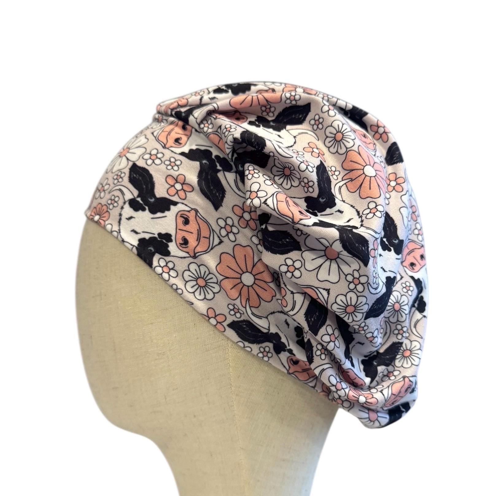 Floral Cow Scrub Cap Hat, Soft Stretchy Headband Style Scrub Cap
