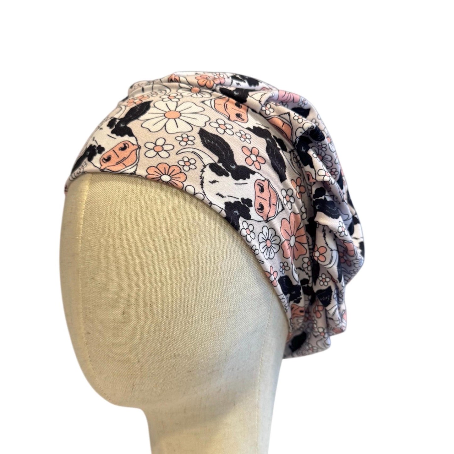 Floral Cow Scrub Cap Hat, Soft Stretchy Headband Style Scrub Cap