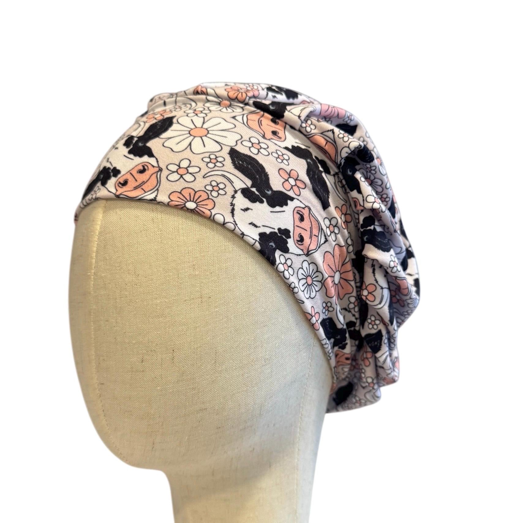 Floral Cow Scrub Cap Hat, Soft Stretchy Headband Style Scrub Cap