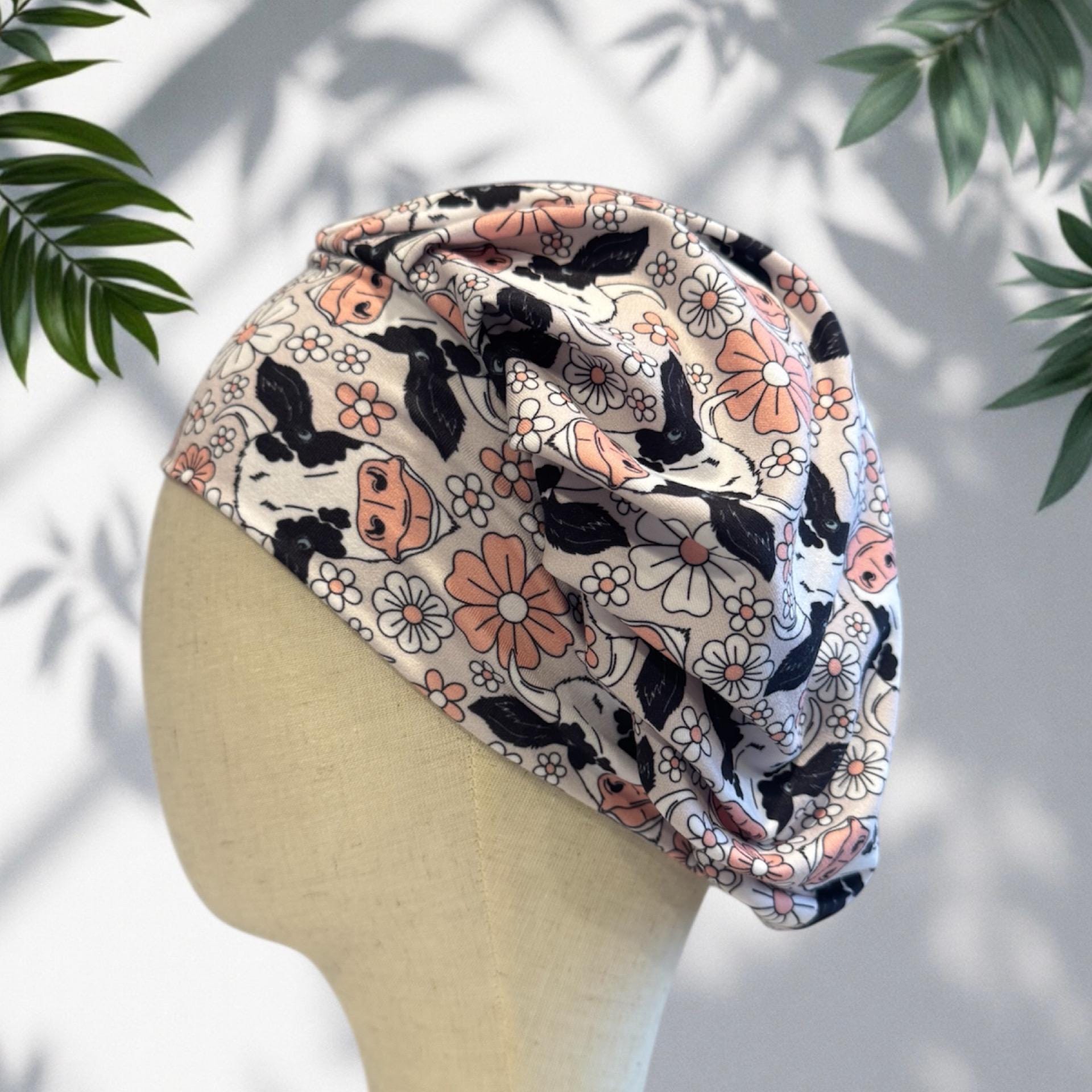Floral Cow Scrub Cap Hat, Soft Stretchy Headband Style Scrub Cap