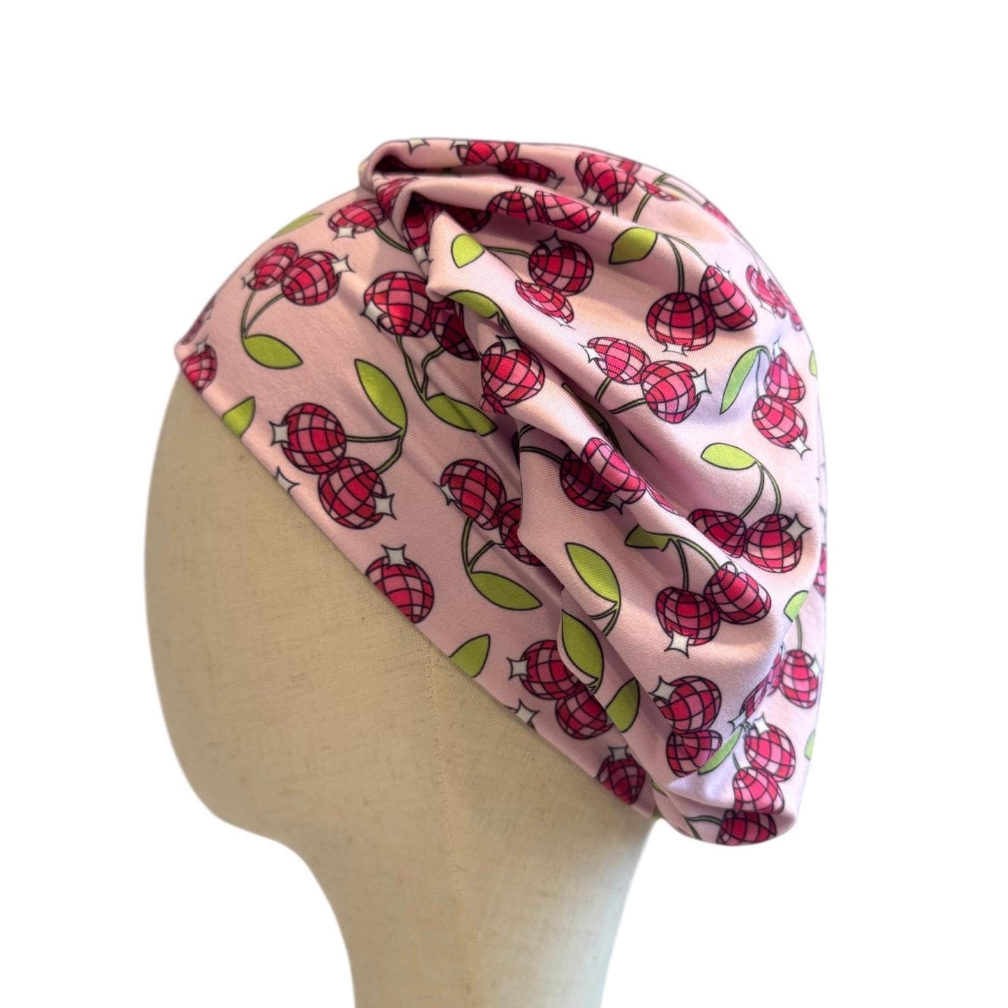 Cherry Disco Scrub Cap Hat, Soft Stretchy Headband Style Euro Cap, OR Hat