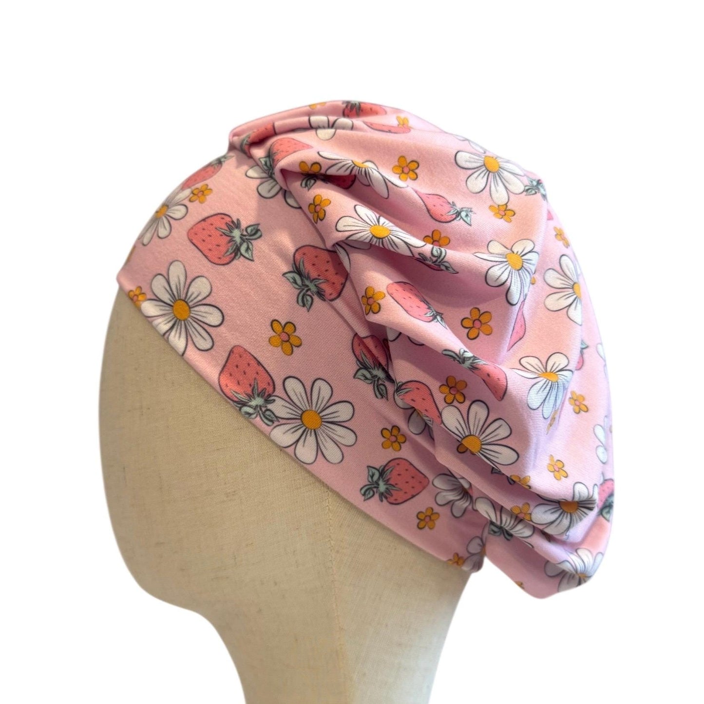 Strawberry Pastel Scrub Cap Hat, Soft Stretchy Headband Style Euro Cap, OR Hat