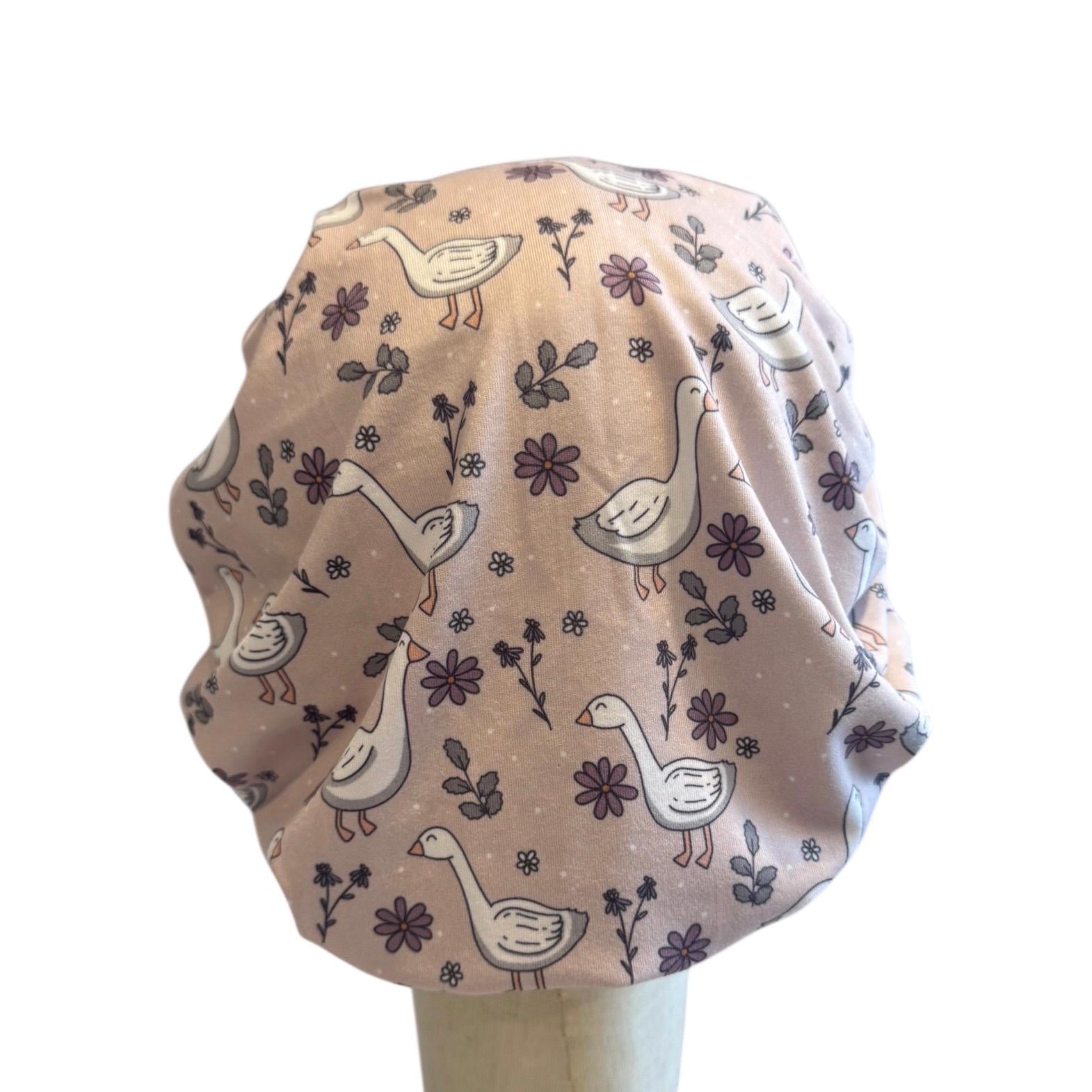 Goose Floral Scrub Cap Hat, Soft Stretchy Headband Style Euro Cap, OR Hat