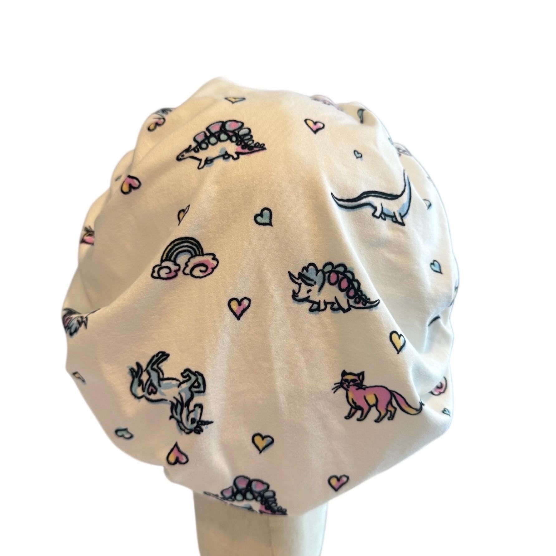 Dino, Unicorn, Cat Scrub Cap Hat, Soft Stretchy Headband Style Euro Cap, OR Hat