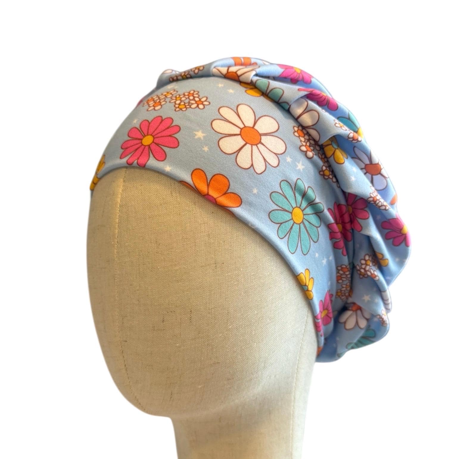 Pastel Blue Floral Scrub Cap Hat, Soft Stretchy Headband Style Euro Cap, OR Hat