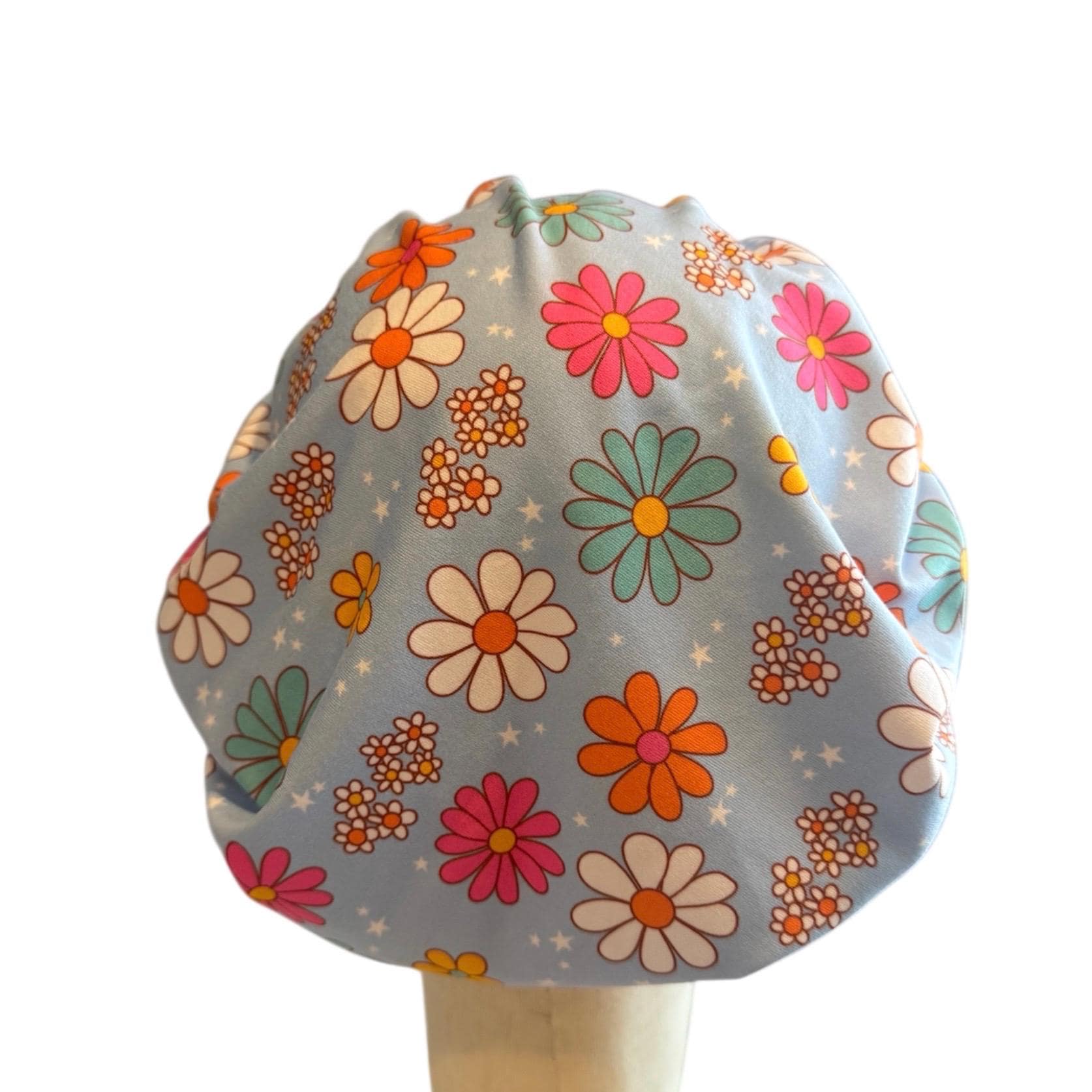 Pastel Blue Floral Scrub Cap Hat, Soft Stretchy Headband Style Euro Cap, OR Hat