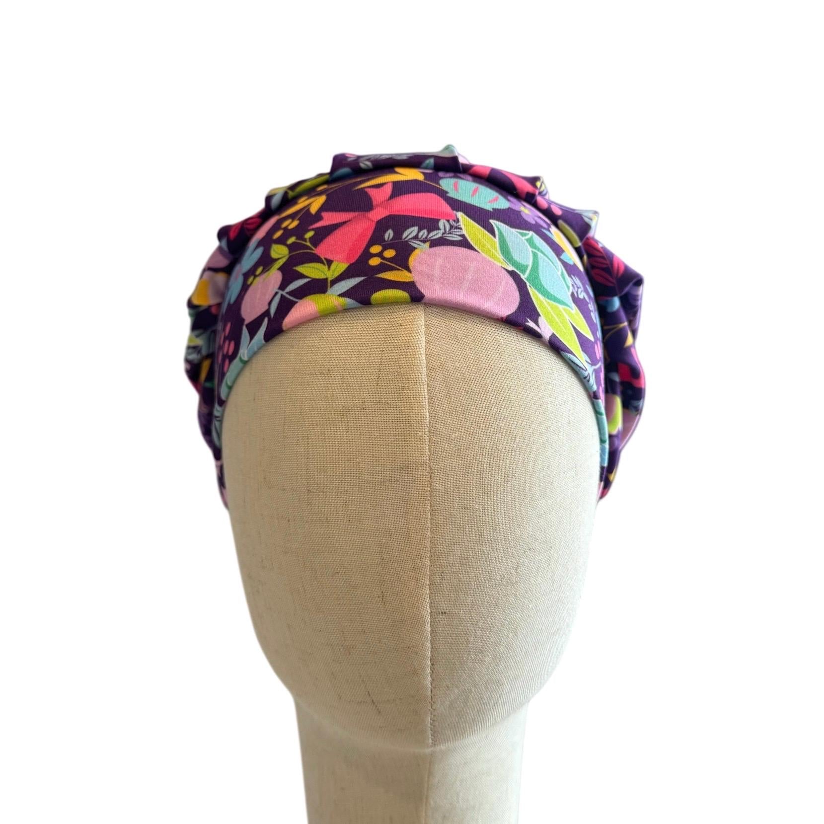 Purple Floral Scrub Cap Hat, Soft Stretchy Headband Style Euro Cap, OR Hat