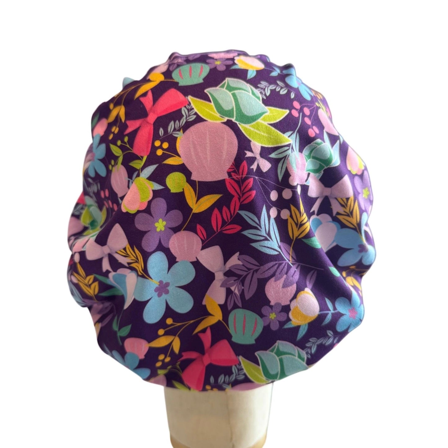 Purple Floral Scrub Cap Hat, Soft Stretchy Headband Style Euro Cap, OR Hat