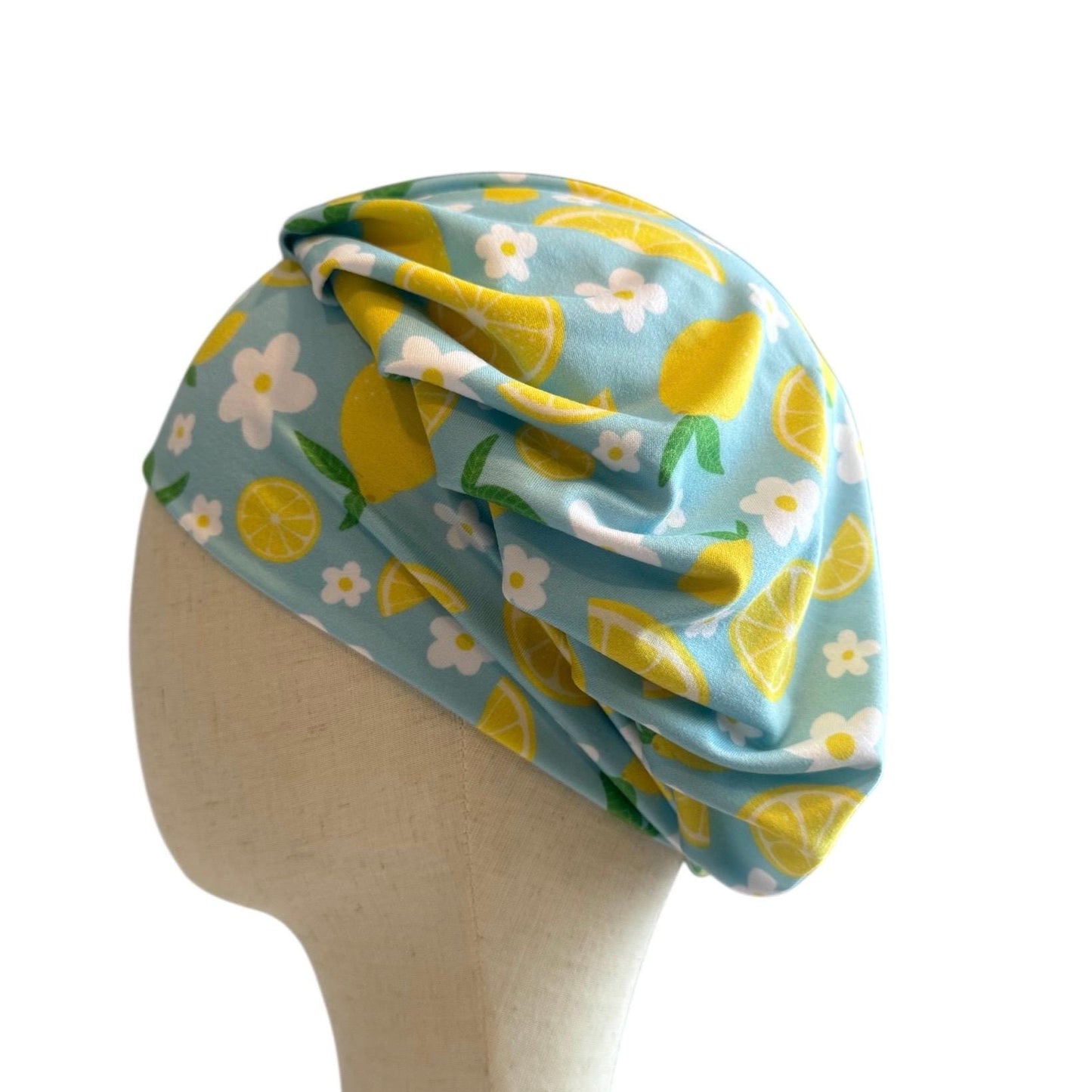 Lemon Floral Scrub Cap Hat, Soft Stretchy Headband Style Euro Cap, OR Hat