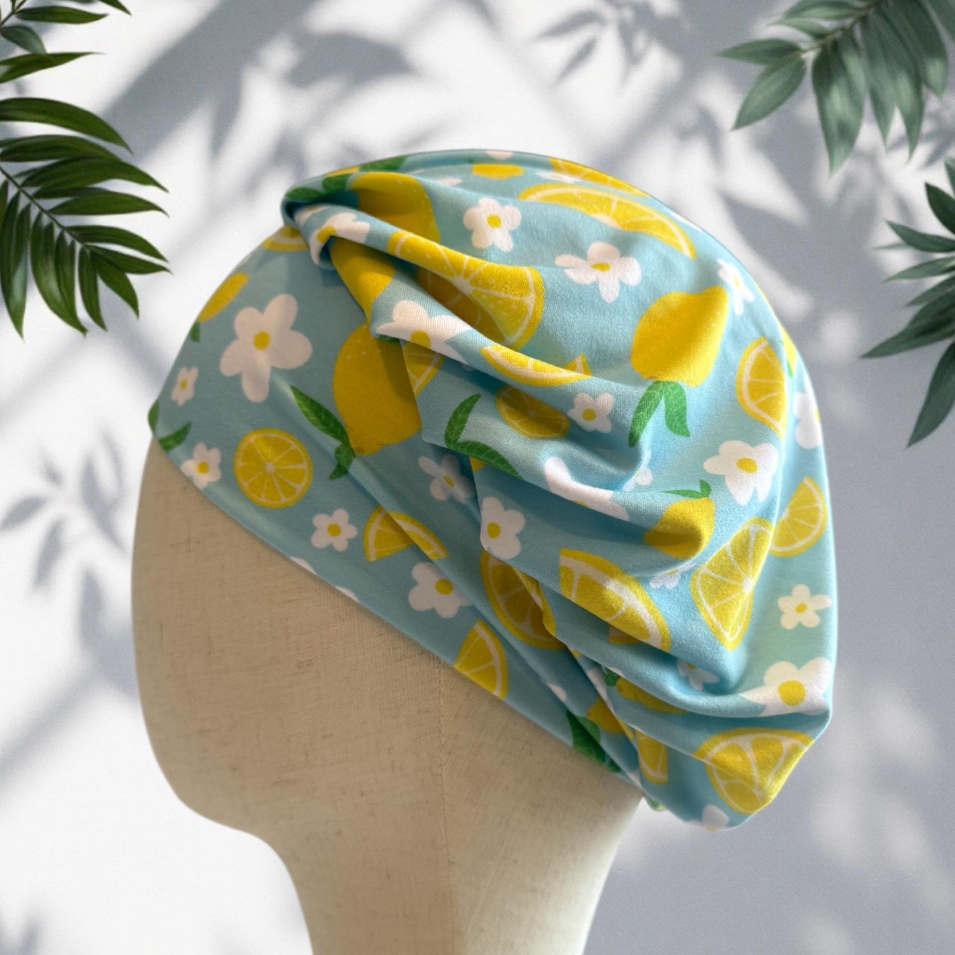 Lemon Floral Scrub Cap Hat, Soft Stretchy Headband Style Euro Cap, OR Hat