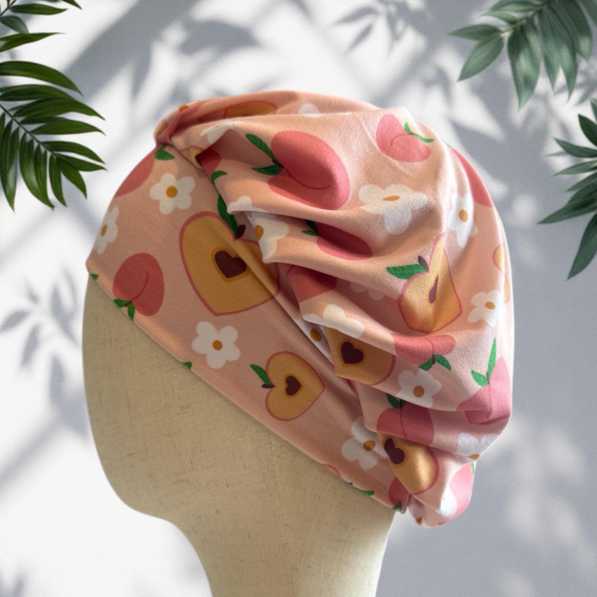 Peach Floral Scrub Cap Hat, Soft Stretchy Headband Style Euro Cap, OR Hat