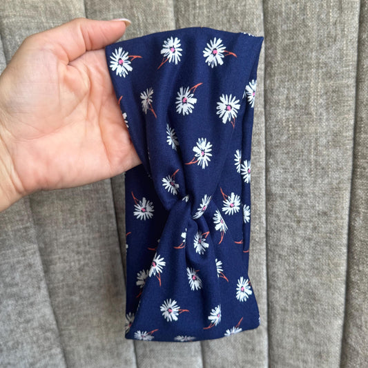 Navy Floral Twist Headband, Stretchy Soft Headband