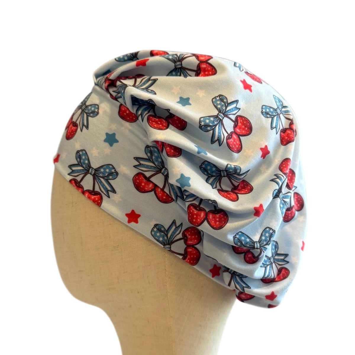 Cherry 4th of July Scrub Cap Hat, Soft Stretchy Headband Style Euro Cap, OR Hat