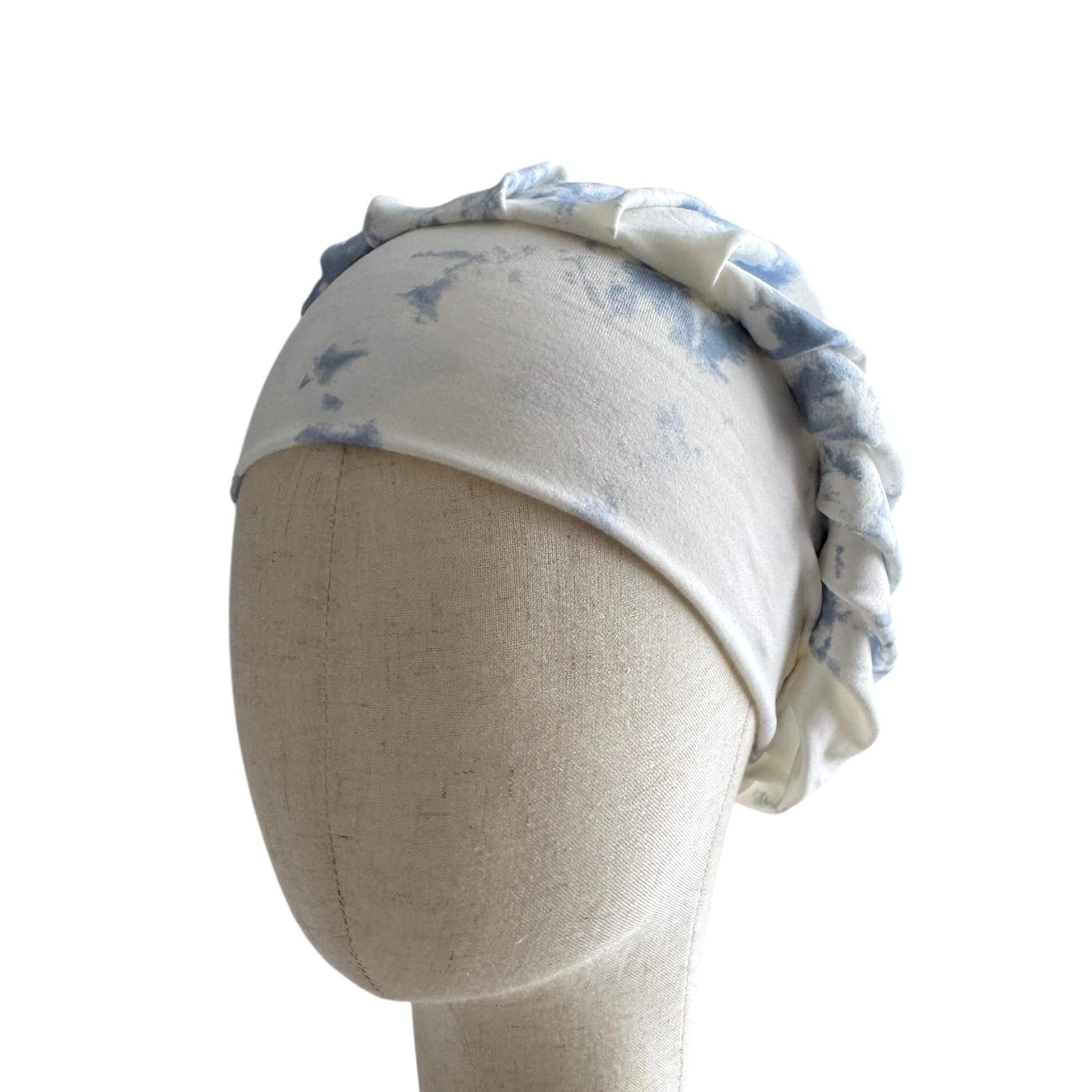 White/Blue Tie Dye Scrub Cap Hat, Soft Stretchy Headband Style Euro Cap, OR Hat