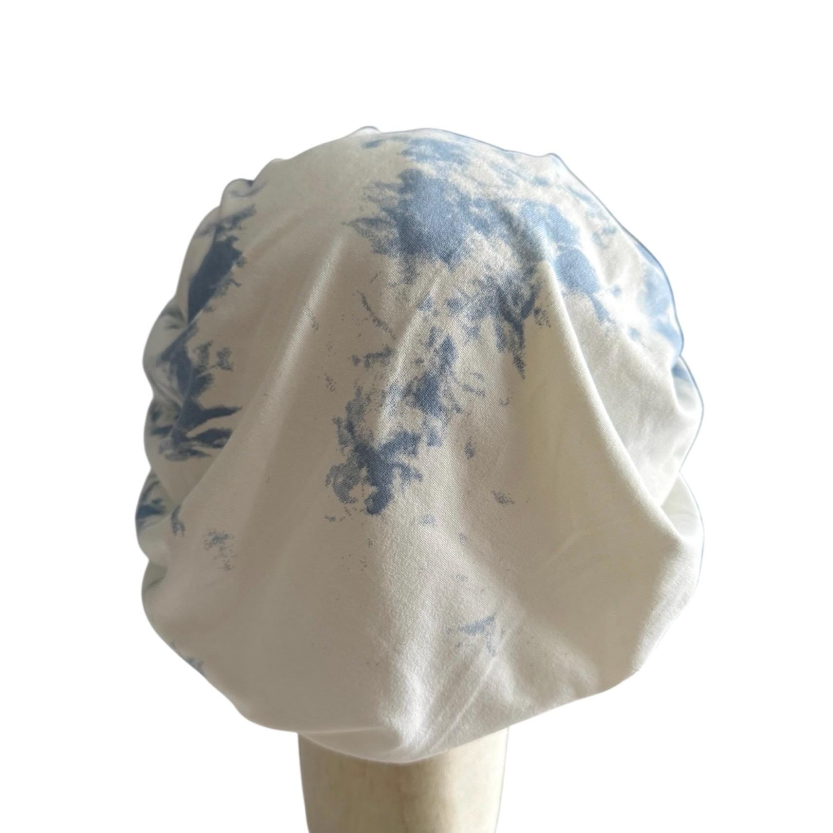 White/Blue Tie Dye Scrub Cap Hat, Soft Stretchy Headband Style Euro Cap, OR Hat