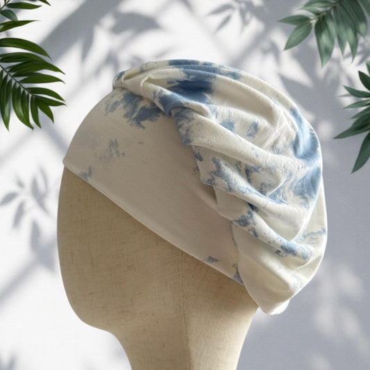 White/Blue Tie Dye Scrub Cap Hat, Soft Stretchy Headband Style Euro Cap, OR Hat