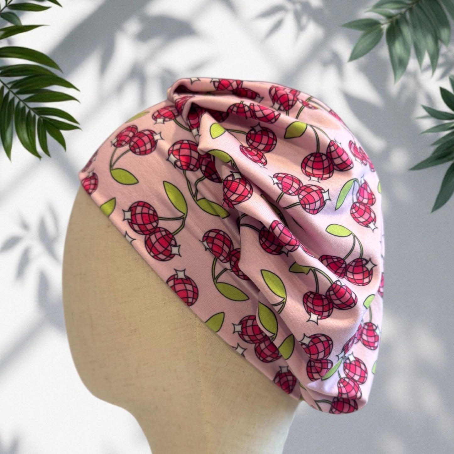 Cherry Disco Scrub Cap Hat, Soft Stretchy Headband Style Euro Cap, OR Hat