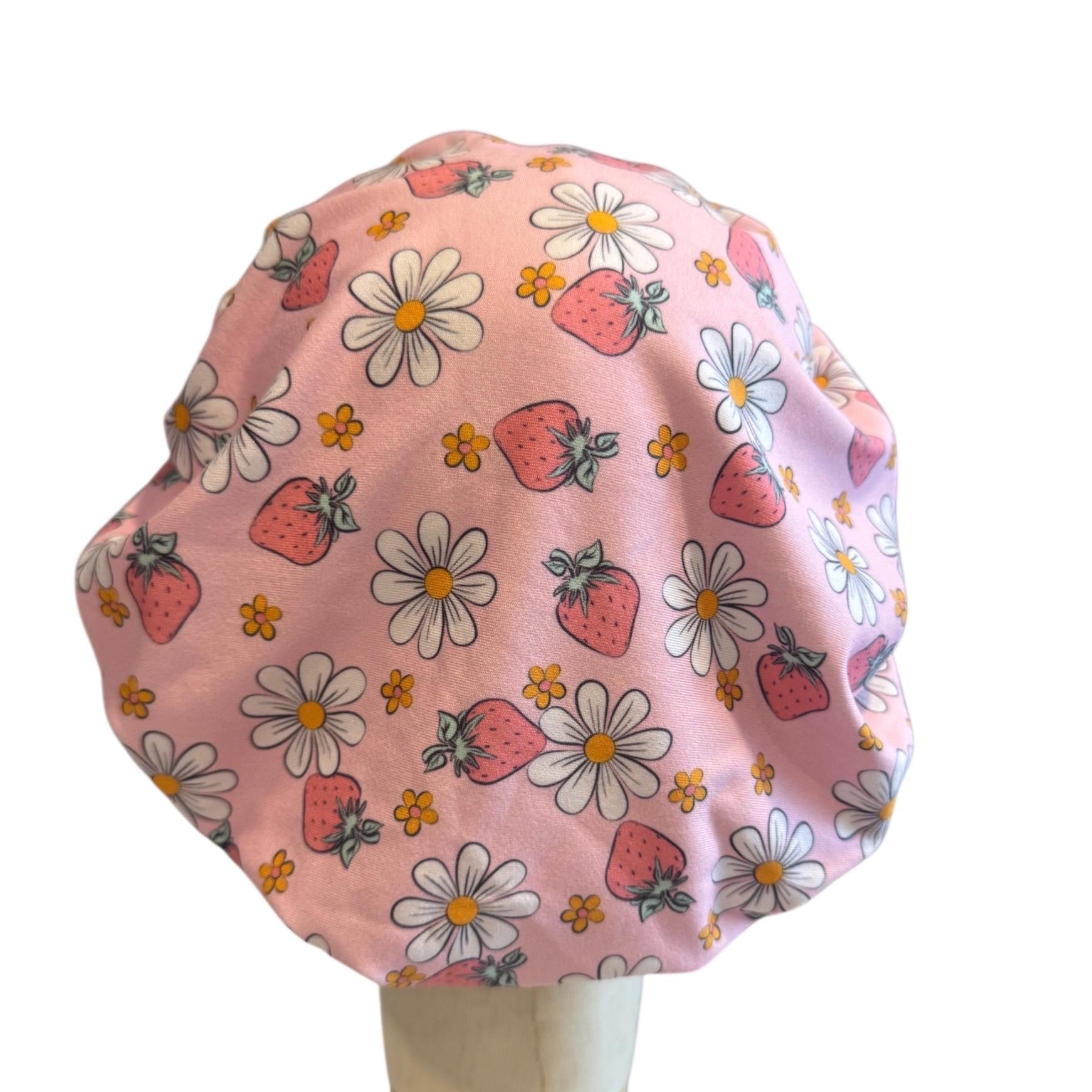 Strawberry Pastel Scrub Cap Hat, Soft Stretchy Headband Style Euro Cap, OR Hat