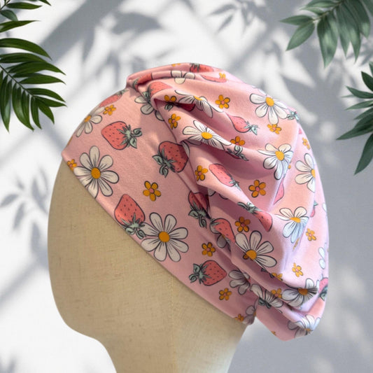 Strawberry Pastel Scrub Cap Hat, Soft Stretchy Headband Style Euro Cap, OR Hat