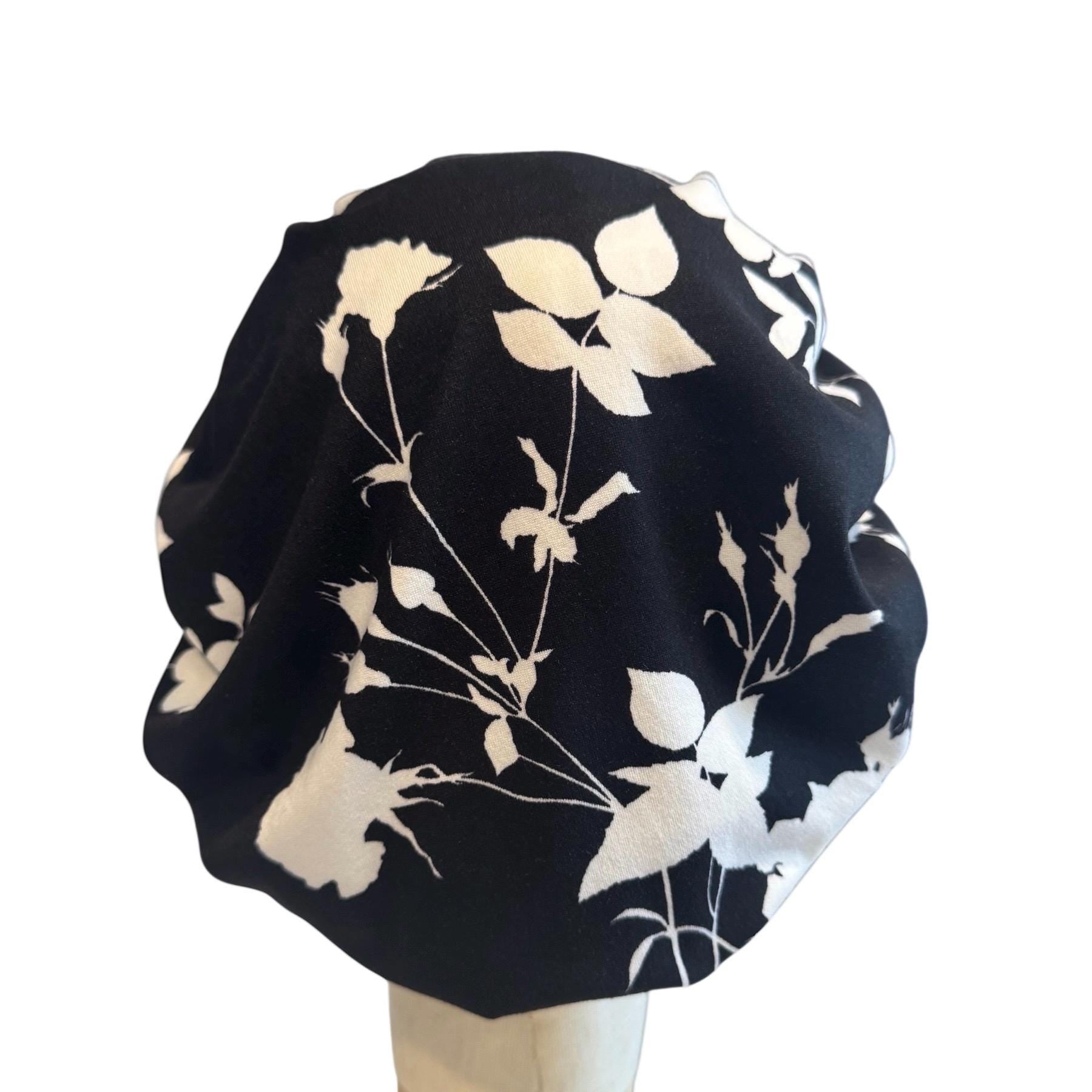 Black Floral Scrub Cap Hat, Soft Stretchy Headband Style Euro Cap, OR Hat