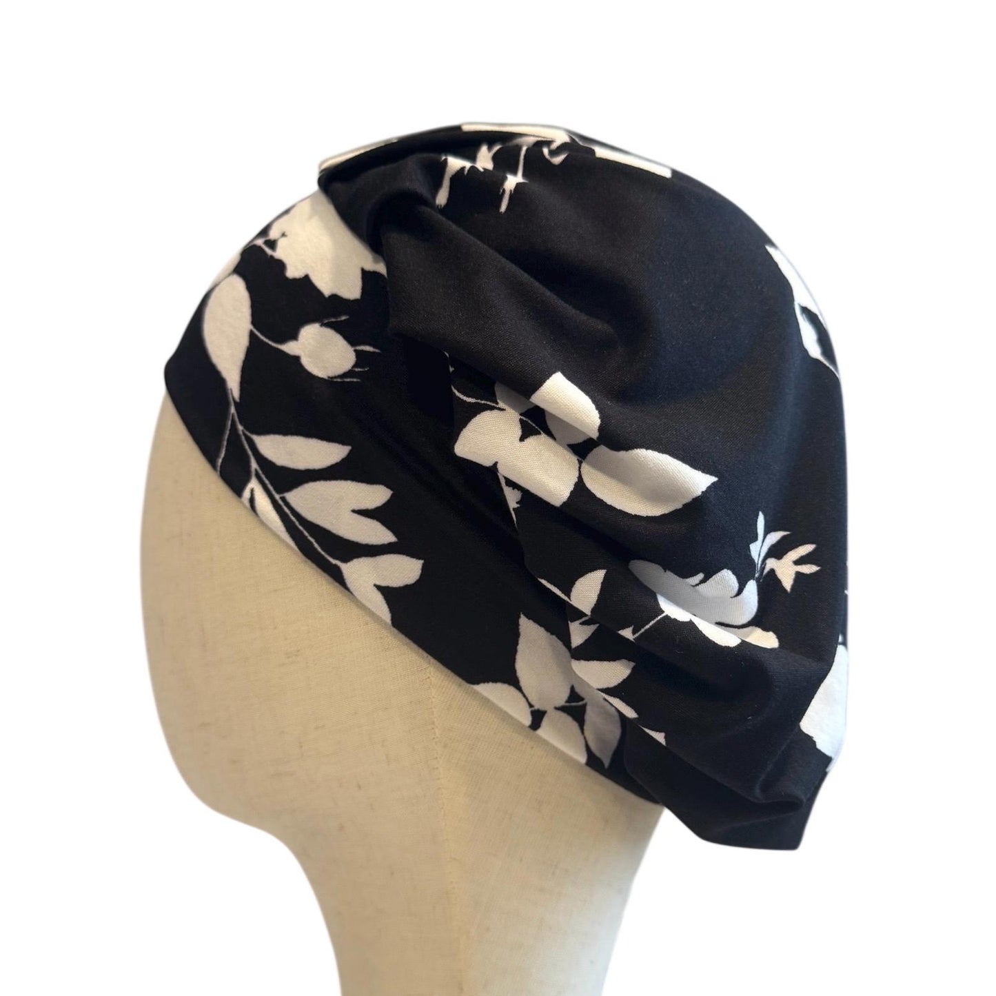 Black Floral Scrub Cap Hat, Soft Stretchy Headband Style Euro Cap, OR Hat
