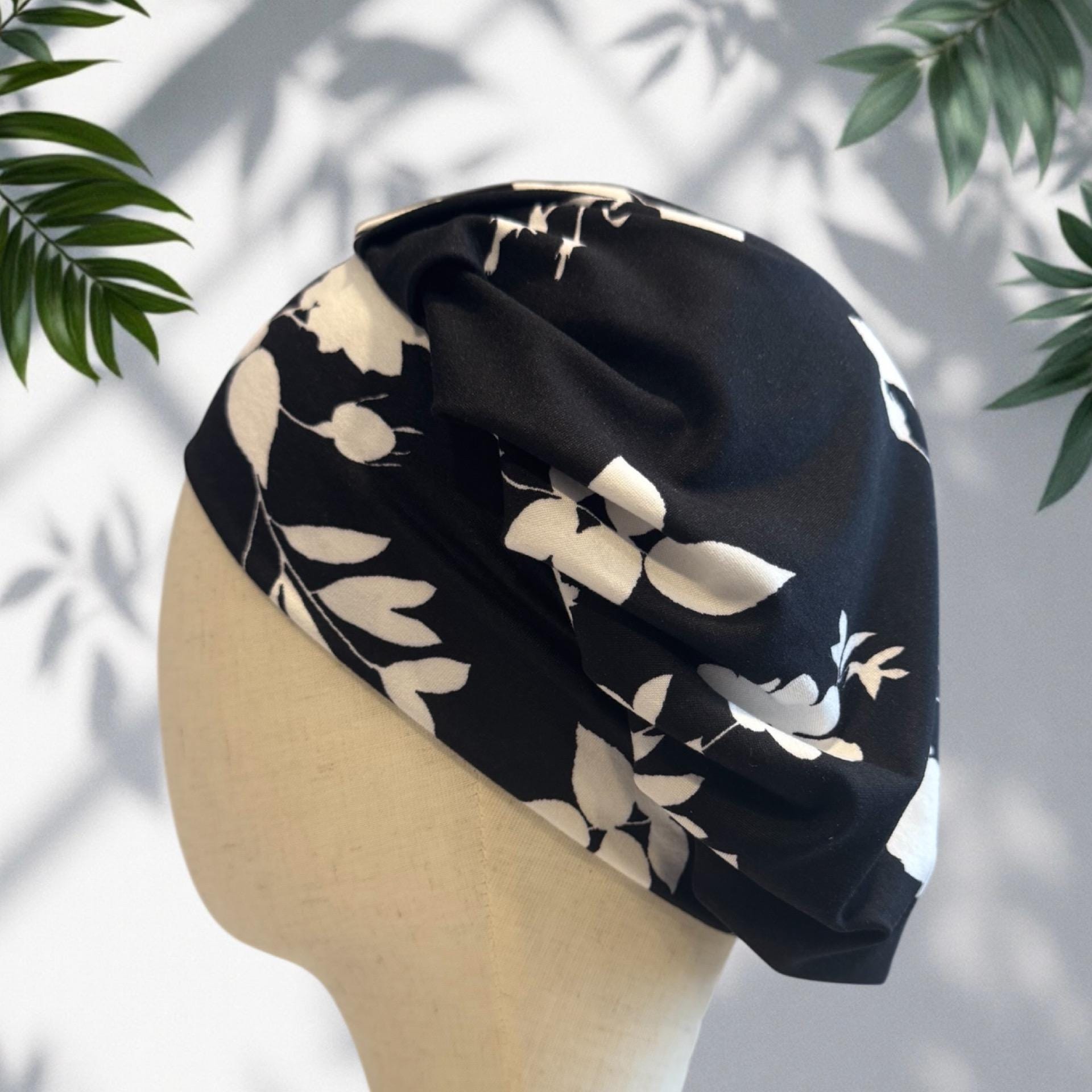 Black Floral Scrub Cap Hat, Soft Stretchy Headband Style Euro Cap, OR Hat