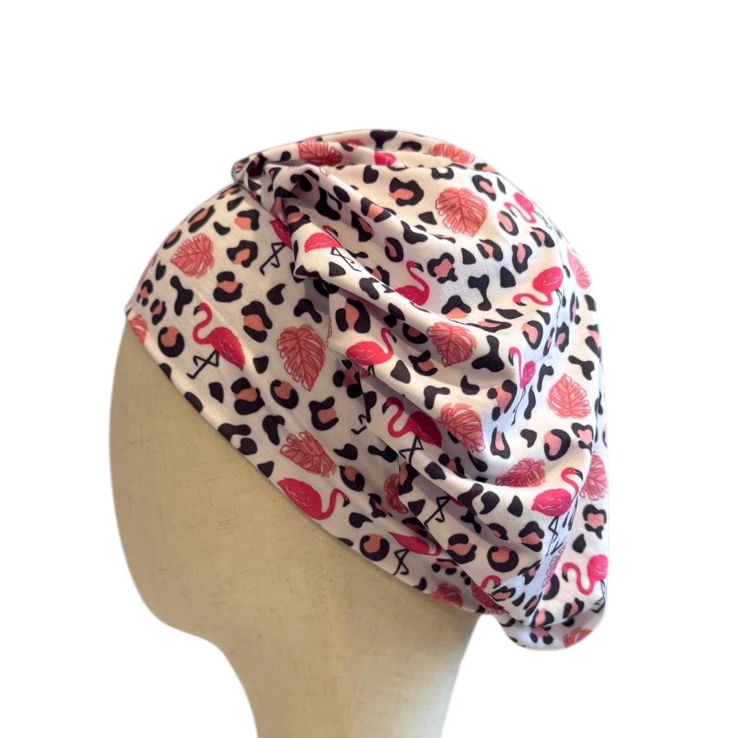 Flamingo Cheetah Scrub Cap Hat, Soft Stretchy Headband Style Euro Cap, OR Hat