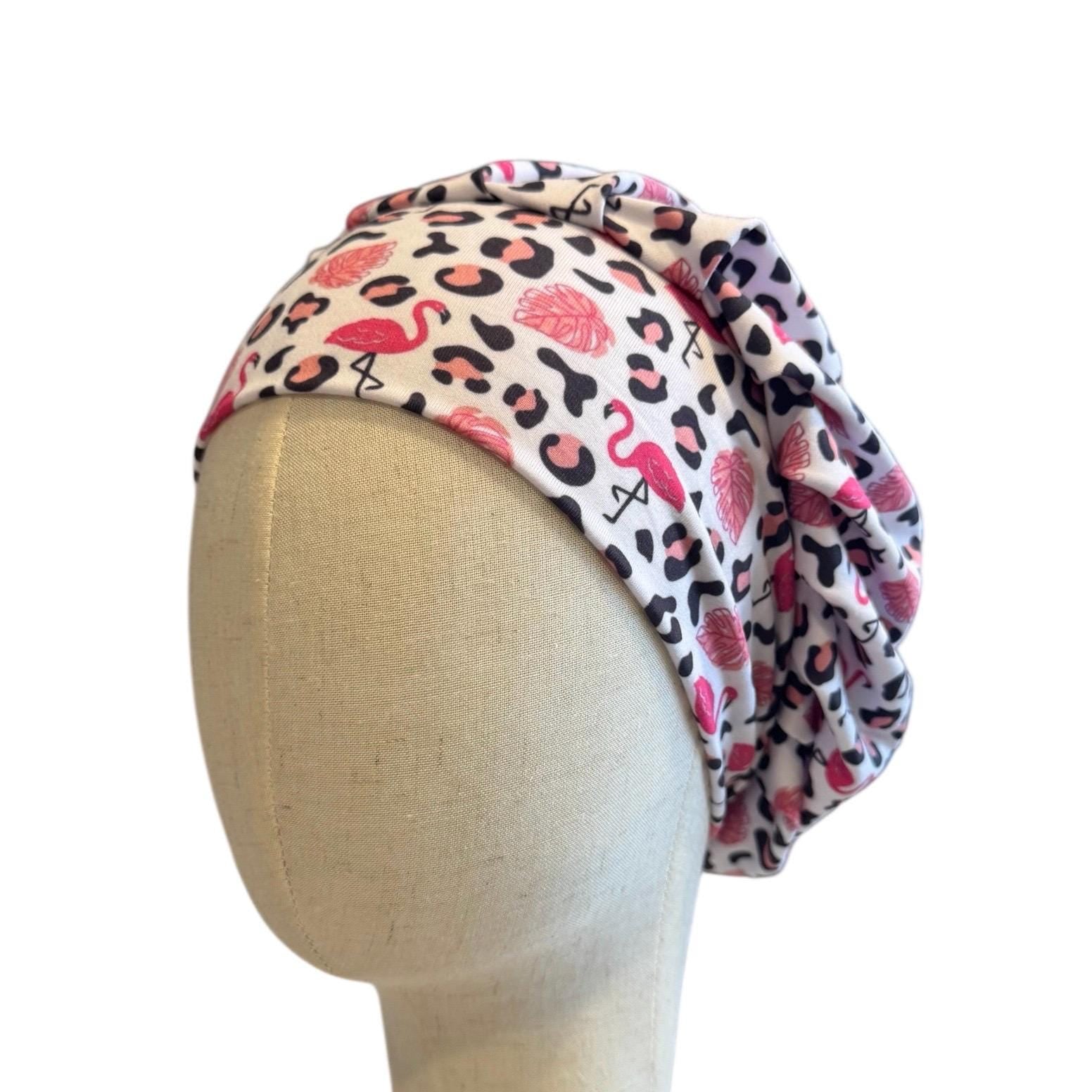 Flamingo Cheetah Scrub Cap Hat, Soft Stretchy Headband Style Euro Cap, OR Hat