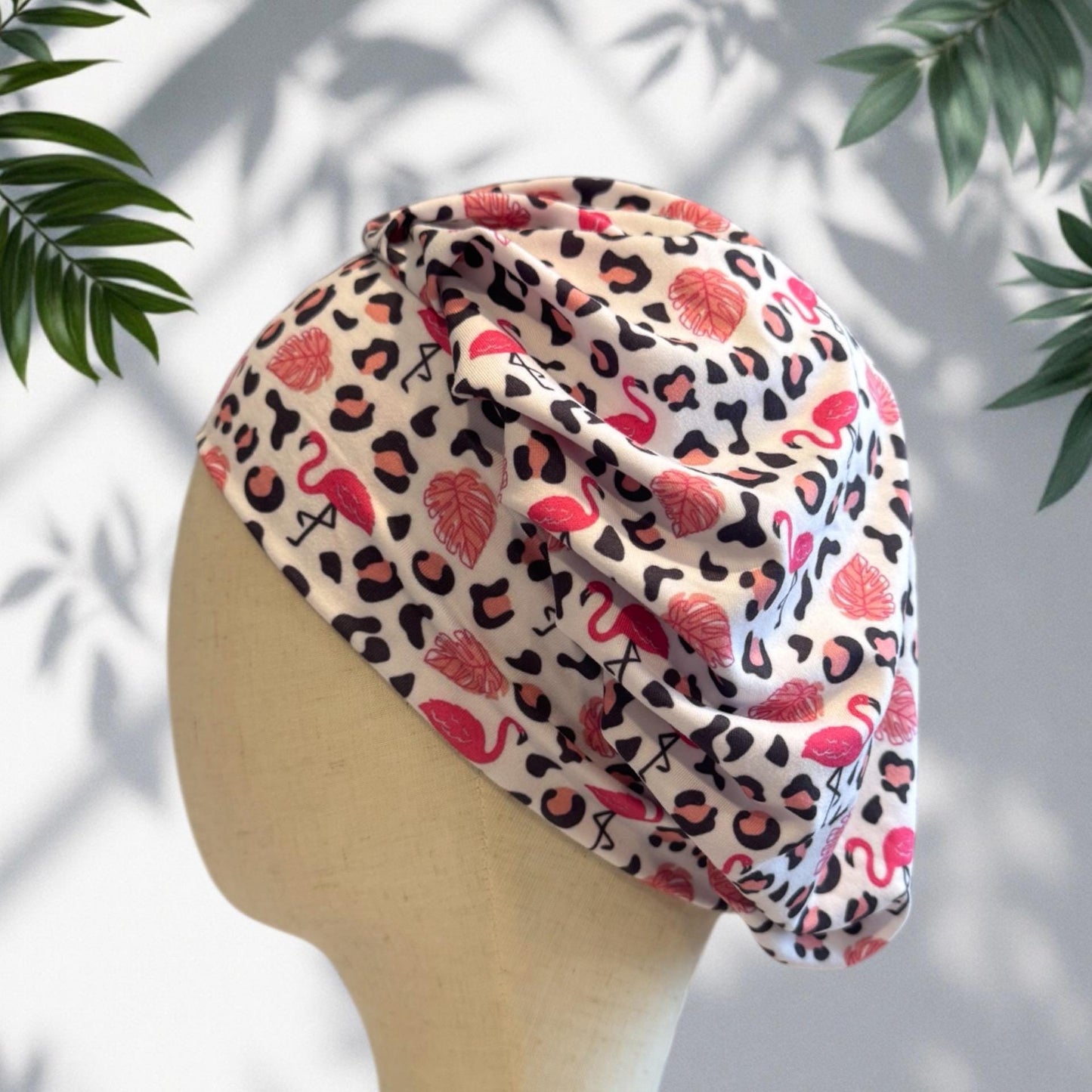 Flamingo Cheetah Scrub Cap Hat, Soft Stretchy Headband Style Euro Cap, OR Hat
