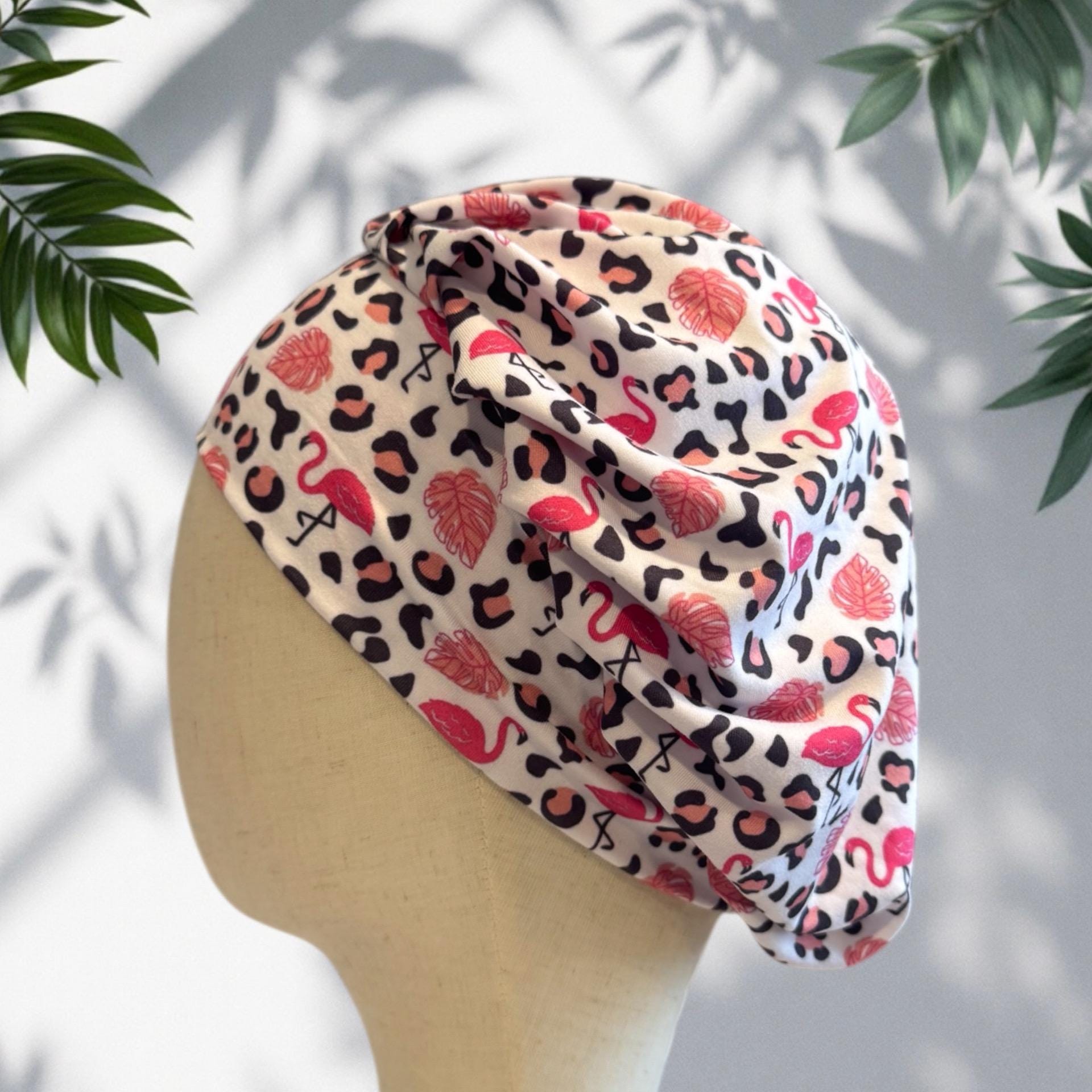 Flamingo Cheetah Scrub Cap Hat, Soft Stretchy Headband Style Euro Cap, OR Hat